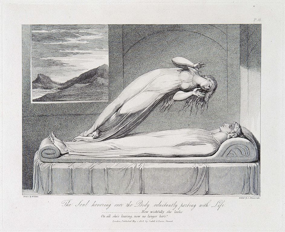 Luigi Schiavonetti's "The Soul Hovering over the Body, Reluctantly Parting with Life, uit The Grave, a Poem by Robert Blair." (Credit: Wikimedia Commons/The Metropolitan Museum of Art)